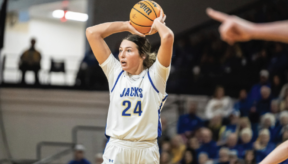 Mesa Byom of South Dakota State looks to find an open teammate in the 73-55 victory over USD in Vermillion, SD Jan. 20, 2024. Byom had seven rebounds and six points with four assists in the victory over the in-state rivals.